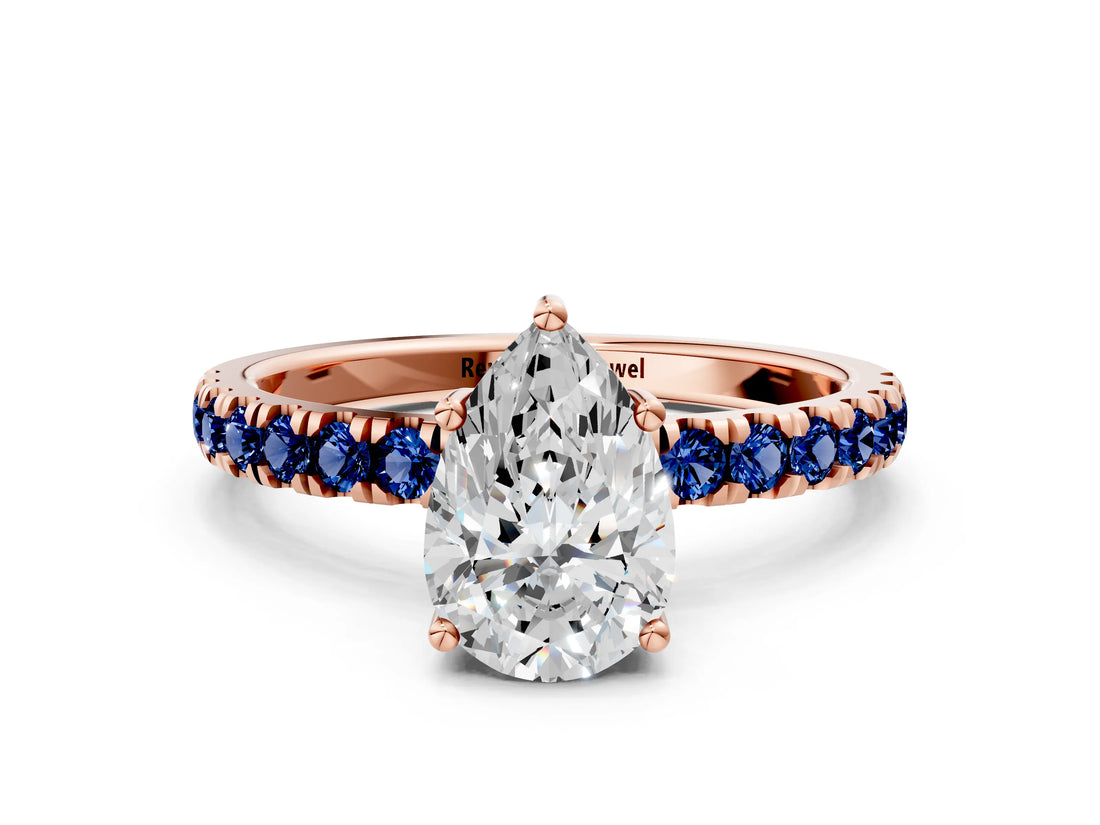 Rose gold Pear Cut Diamond Pave Band Solitaire Ring with Round with Blue Sapphire side stone and Prong Setting_22