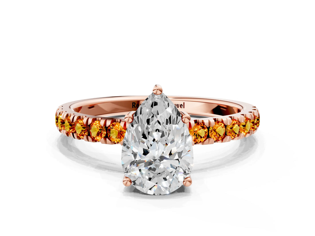 Rose gold Pear Cut Diamond Pave Band Solitaire Ring with Round with Citrine side stone and Prong Setting