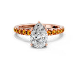 Rose gold Pear Cut Diamond Pave Band Solitaire Ring with Round with Citrine side stone and Prong Setting