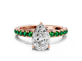 Rose gold Pear Cut Diamond Pave Band Solitaire Ring with Round with Emerald side stone and Prong Setting