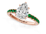 Rose gold Pear Cut Diamond Pave Band Solitaire Ring with Round with Emerald side stone and Prong Setting_1