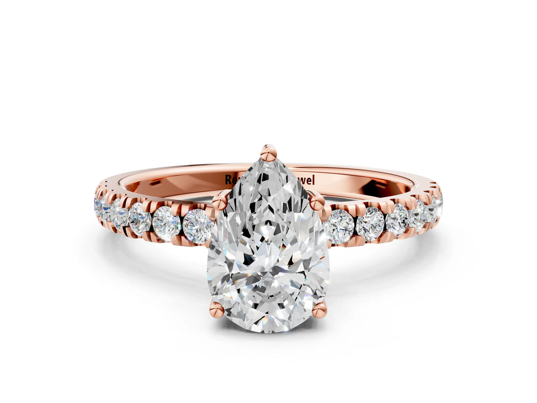 Rose gold Pear Cut Diamond Pave Band Solitaire Ring with Round with Moissanite side stone and Prong Setting_24