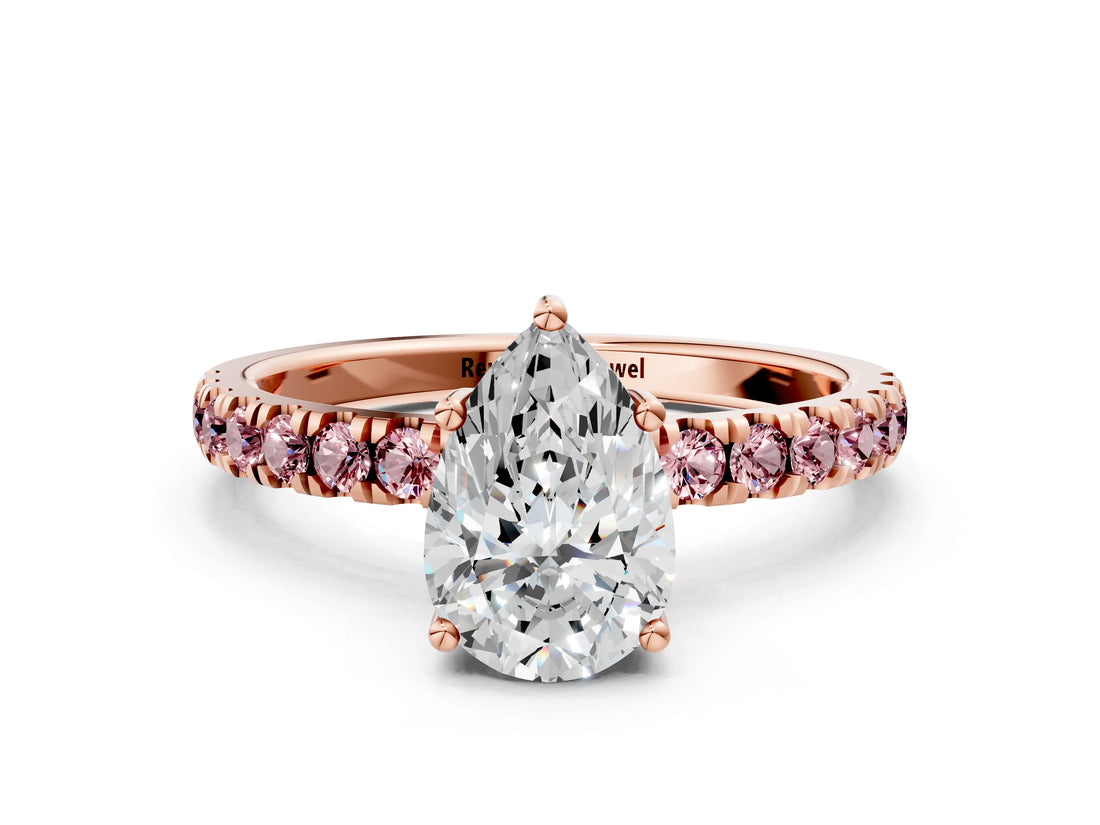 Rose gold Pear Cut Diamond Pave Band Solitaire Ring with Round with Morganite side stone and Prong Setting_12