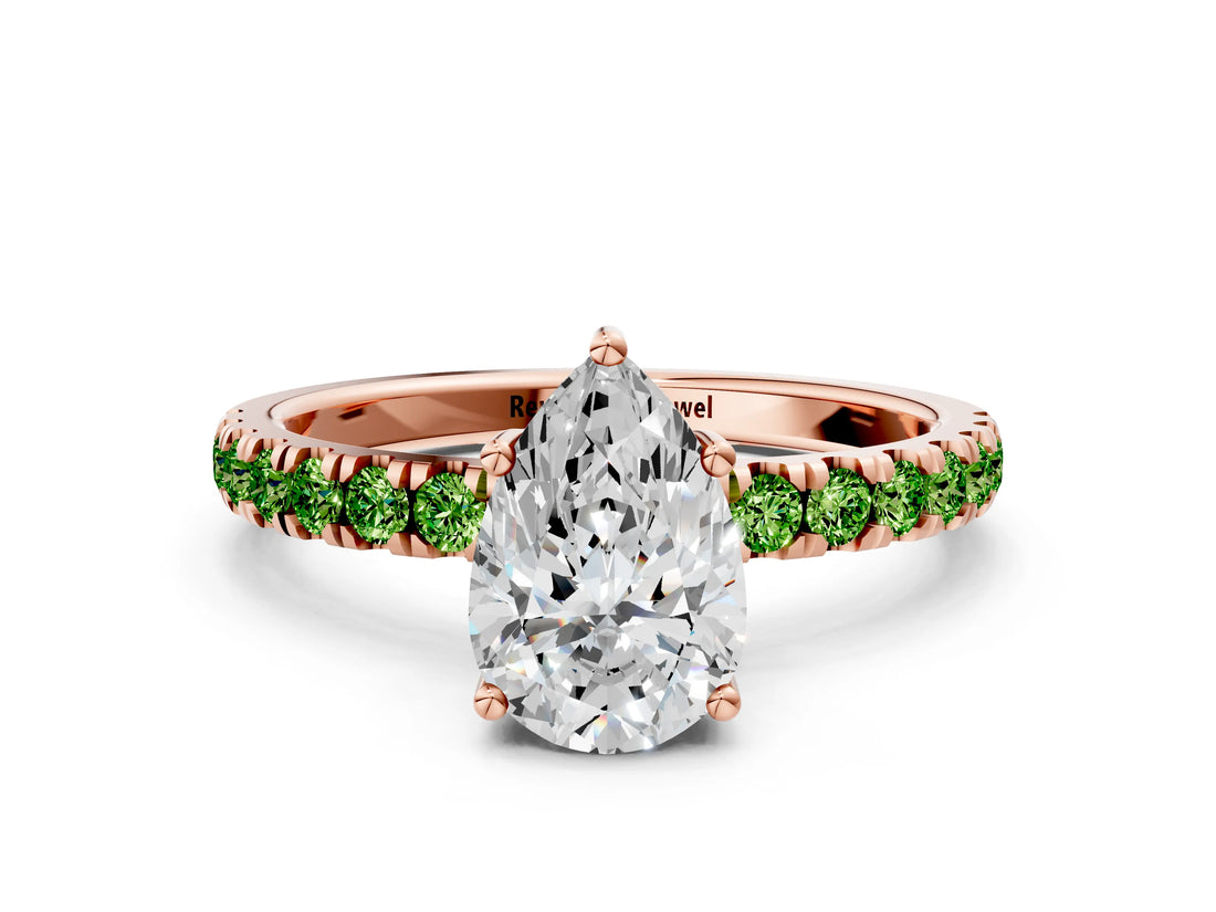 Rose gold Pear Cut Diamond Pave Band Solitaire Ring with Round with Peridot side stone and Prong Setting