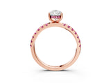 Rose gold Pear Cut Diamond Pave Band Solitaire Ring with Round with Pink Sapphire side stone and Prong Setting_15