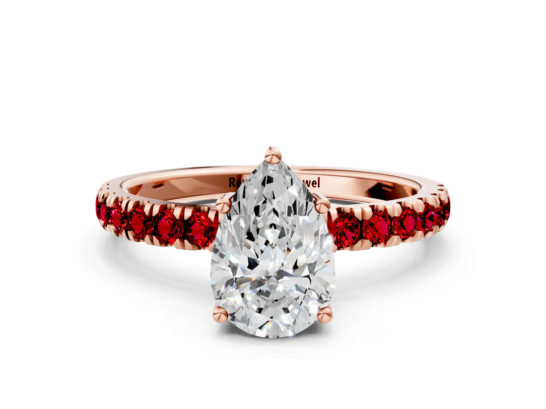 Rose gold Pear Cut Diamond Pave Band Solitaire Ring with Round with Ruby side stone and Prong Setting_12