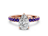Rose gold Pear Cut Diamond Pave Band Solitaire Ring with Round with Tanzanite side stone and Prong Setting