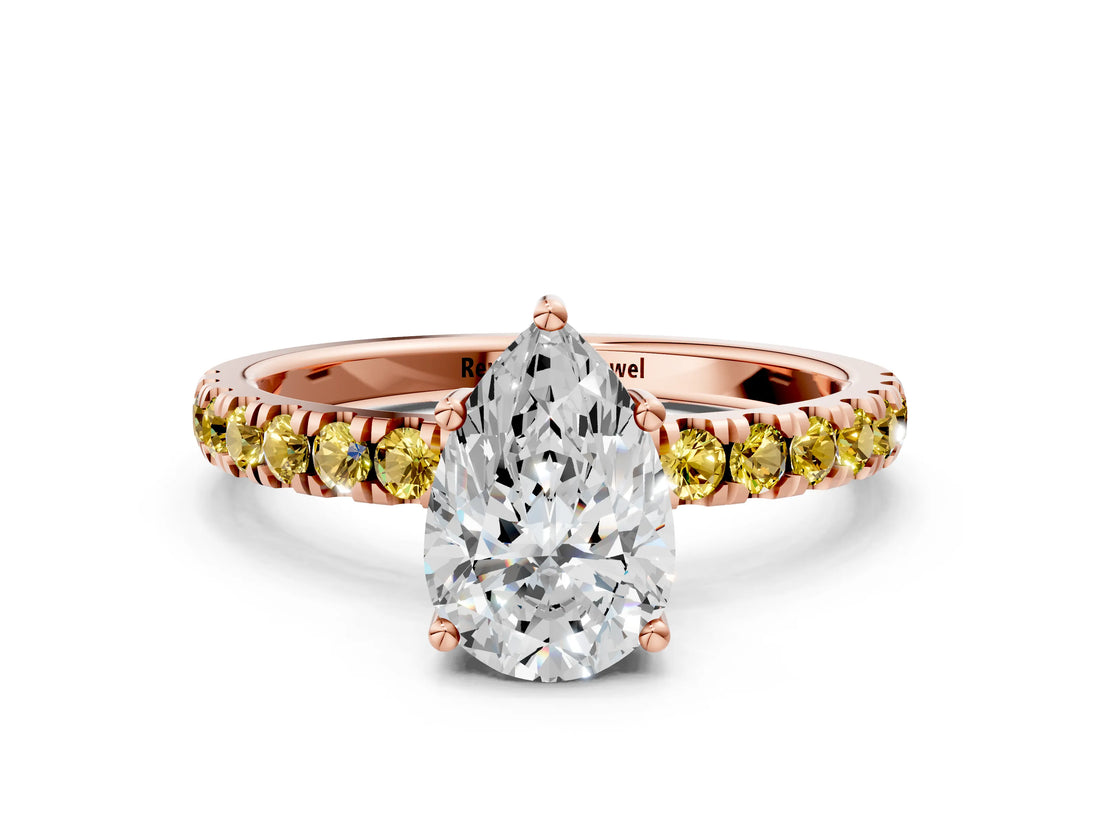 Rose gold Pear Cut Diamond Pave Band Solitaire Ring with Round with Yellow Sapphire side stone and Prong Setting_23