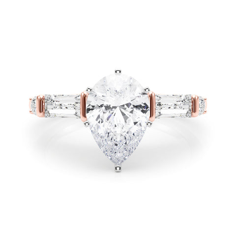 Rose gold Pear Cut Diamond Ring with Baguette Side Stones, Channel Set Band, and Four-Prong Setting 1