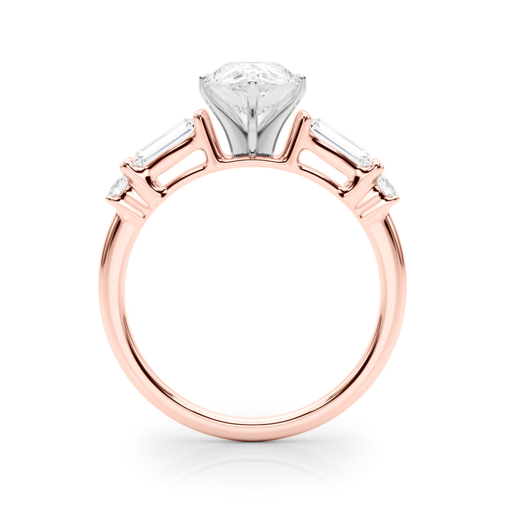Rose gold Pear Cut Diamond Ring with Baguette Side Stones, Channel Set Band, and Four-Prong Setting 2