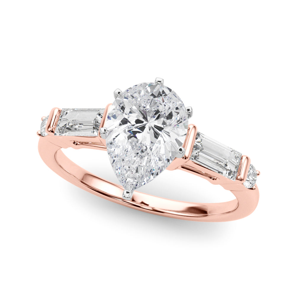Rose gold Pear Cut Diamond Ring with Baguette Side Stones, Channel Set Band, and Four-Prong Setting