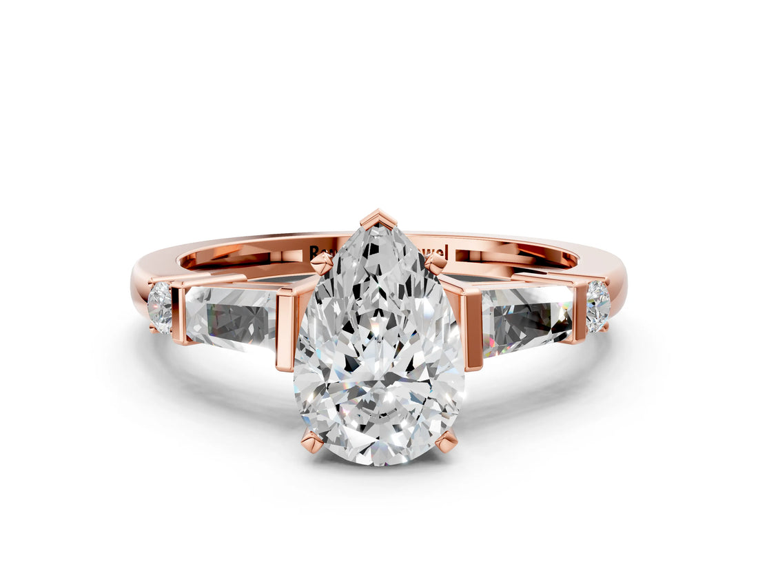 Rose gold Pear Cut Diamond Ring with Baguette Side Stones, Channel Set Band, and Four-Prong Setting_13