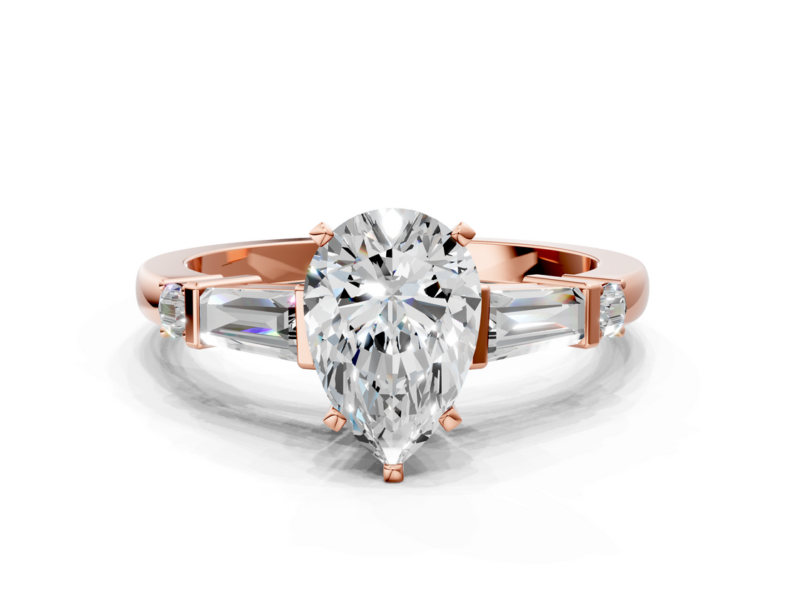 Rose gold Pear Cut Diamond Ring with Baguette Side Stones, Channel Set Band, and Four-Prong Setting_25