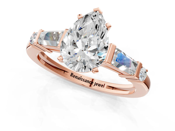 Rose Gold Pear-Shaped Three Stone Engagement Ring Setting with Bar Set Tapered Baguettes