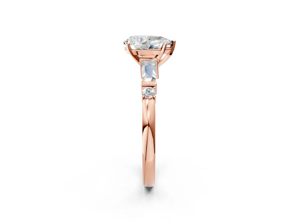 Rose Gold Pear-Shaped Three Stone Engagement Ring Setting with Bar Set Tapered Baguettes