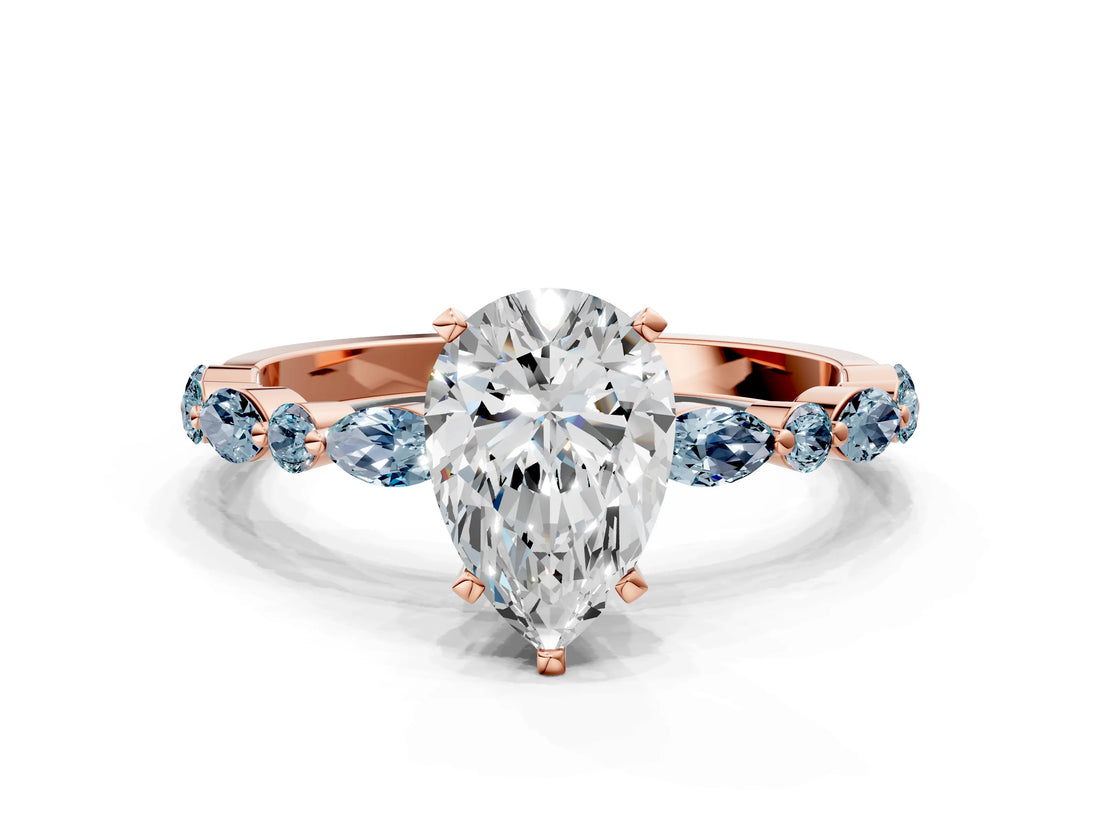 Rose gold Pear Cut Diamond Ring with Marquise and Round with Aquamarine side stone Side Stones and Four-Prong Setting_24