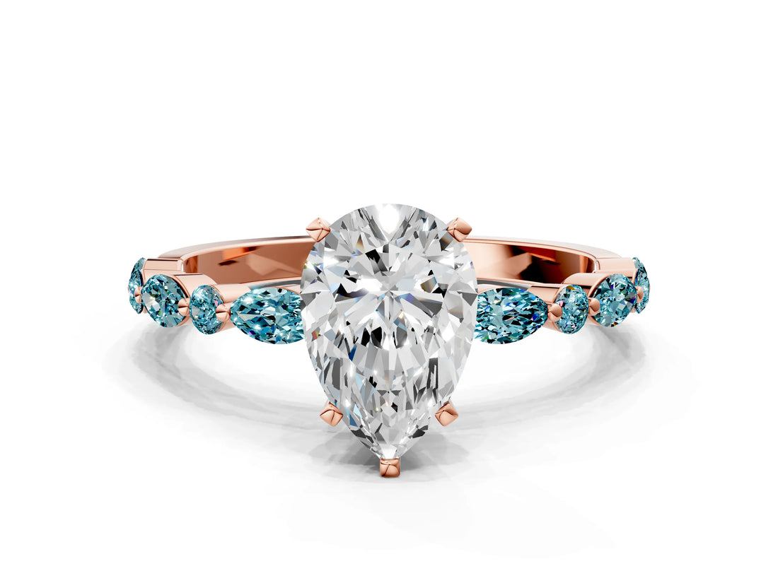 Rose gold Pear Cut Diamond Ring with Marquise and Round with Blue Topaz side stone Side Stones and Four-Prong Setting_24