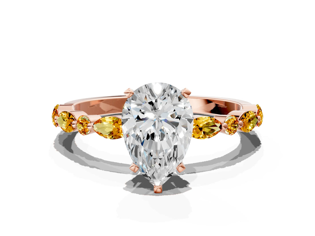 Rose gold Pear Cut Diamond Ring with Marquise and Round with Citrine side stone Side Stones and Four-Prong Setting_12