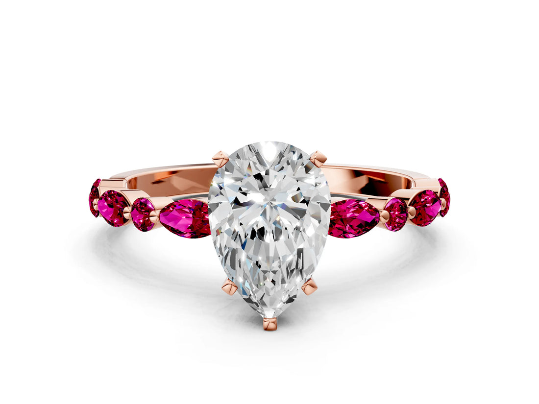 Rose gold Pear Cut Diamond Ring with Marquise and Round with Garnet side stone Side Stones and Four-Prong Setting_48