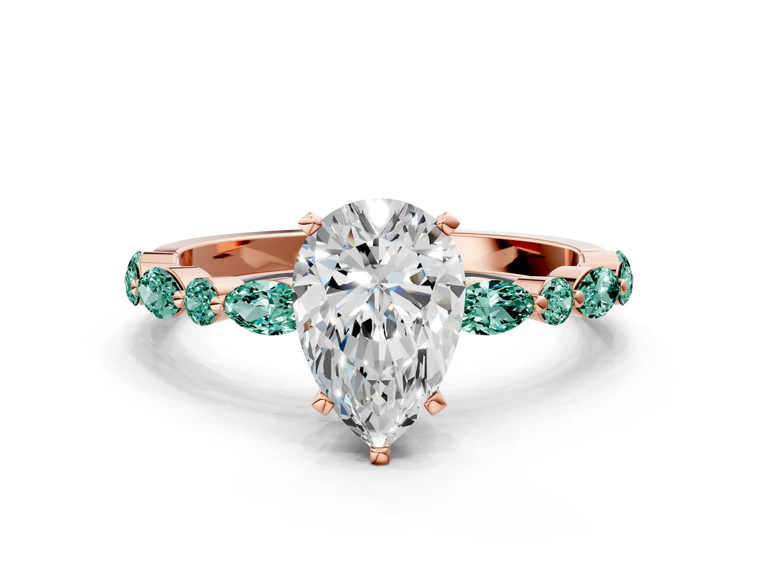 Rose gold Pear Cut Diamond Ring with Marquise and Round with Green Sapphire side stone Side Stones and Four-Prong Setting_12