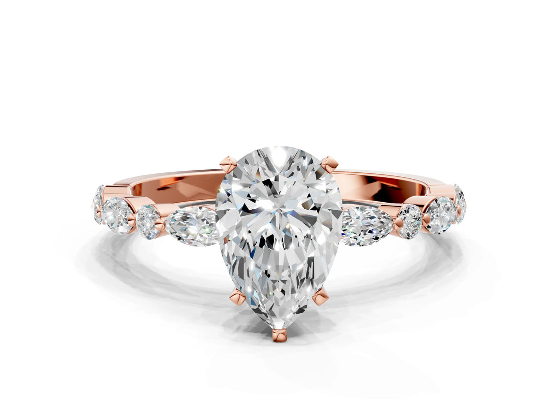 Rose gold Pear Cut Diamond Ring with Marquise and Round with Moissanite side stone Side Stones and Four-Prong Setting_60