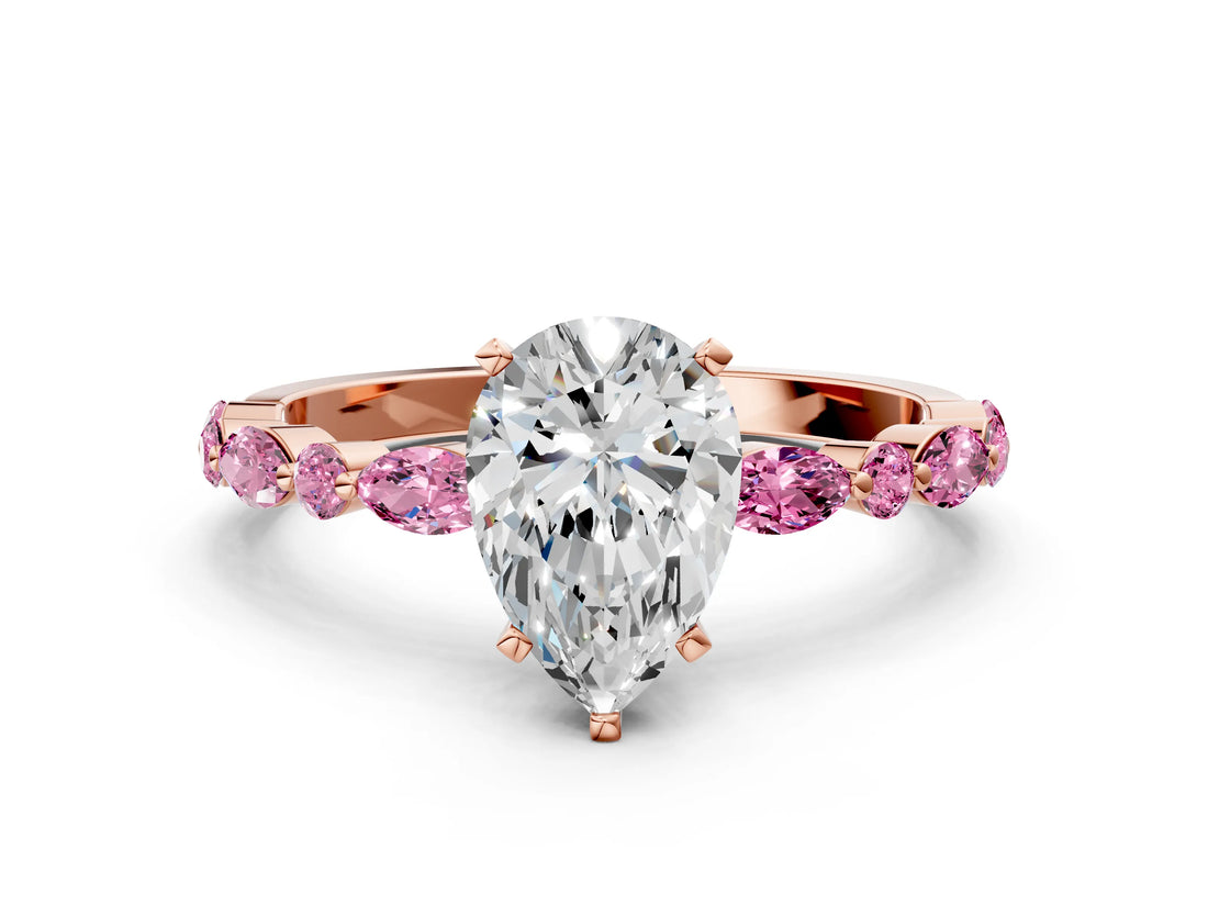 Rose gold Pear Cut Diamond Ring with Marquise and Round with Pink Sapphire side stone Side Stones and Four-Prong Setting_12