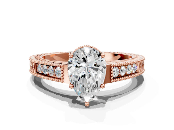 Rose gold Pear Cut Diamond Ring with Milgrain Pavé Band and Four-Prong Setting