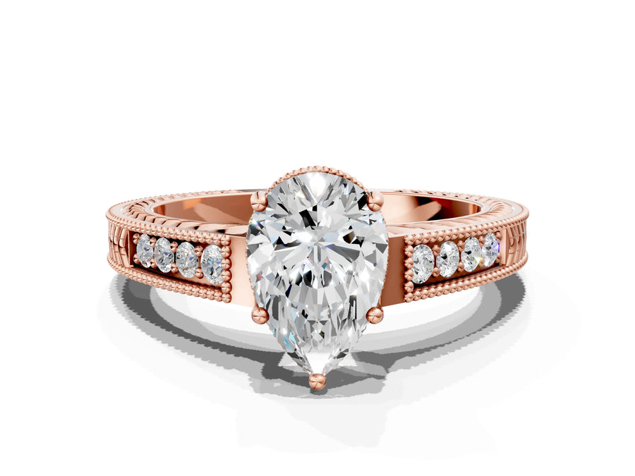 Rose gold Pear Cut Diamond Ring with Milgrain Pavé Band and Four-Prong Setting