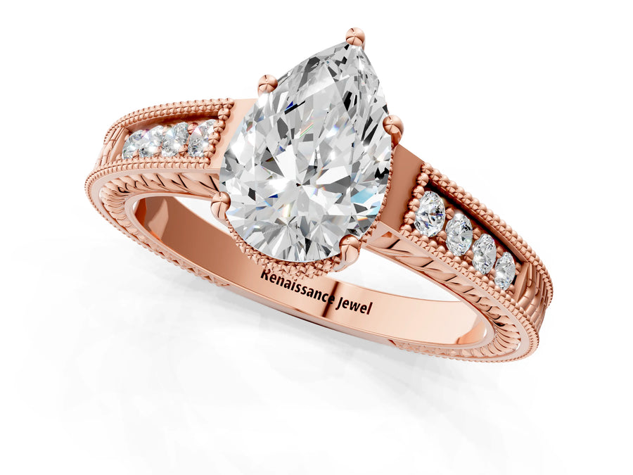 Rose gold Pear Cut Diamond Ring with Milgrain Pavé Band and Four-Prong Setting