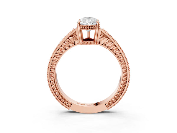 Rose gold Pear Cut Diamond Ring with Milgrain Pavé Band and Four-Prong Setting