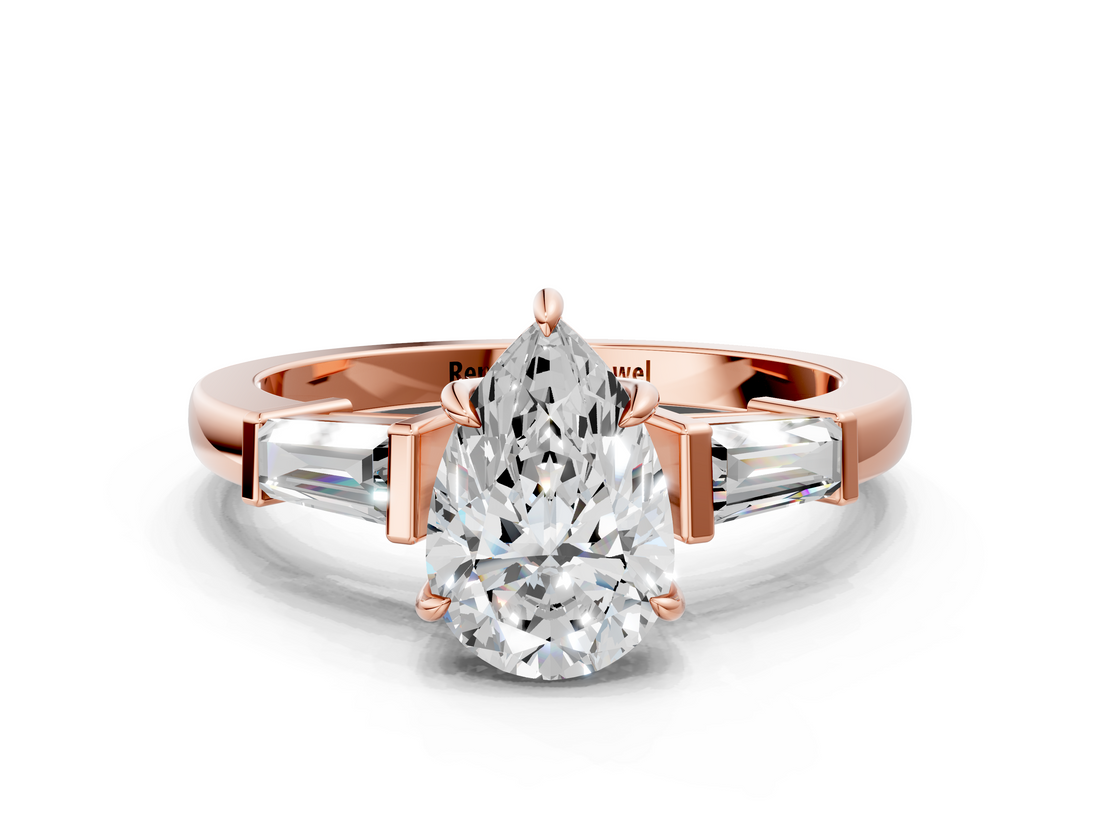 Rose gold Pear Cut Diamond Ring with Tapered Baguette Side Stones in Four-Prong Setting_16