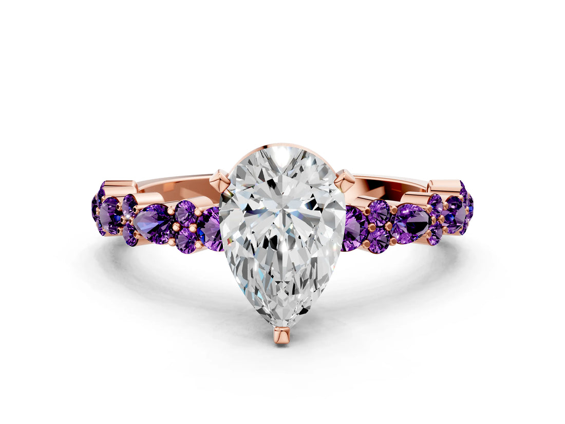 Rose gold Pear Cut Diamond Side Stone Solitaire Ring with Round with Amethyst side stone and Four-Prong Setting
