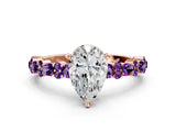 Rose gold Pear Cut Diamond Side Stone Solitaire Ring with Round with Amethyst side stone and Four-Prong Setting
