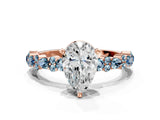 Rose gold Pear Cut Diamond Side Stone Solitaire Ring with Round with Aquamarine side stone and Four-Prong Setting