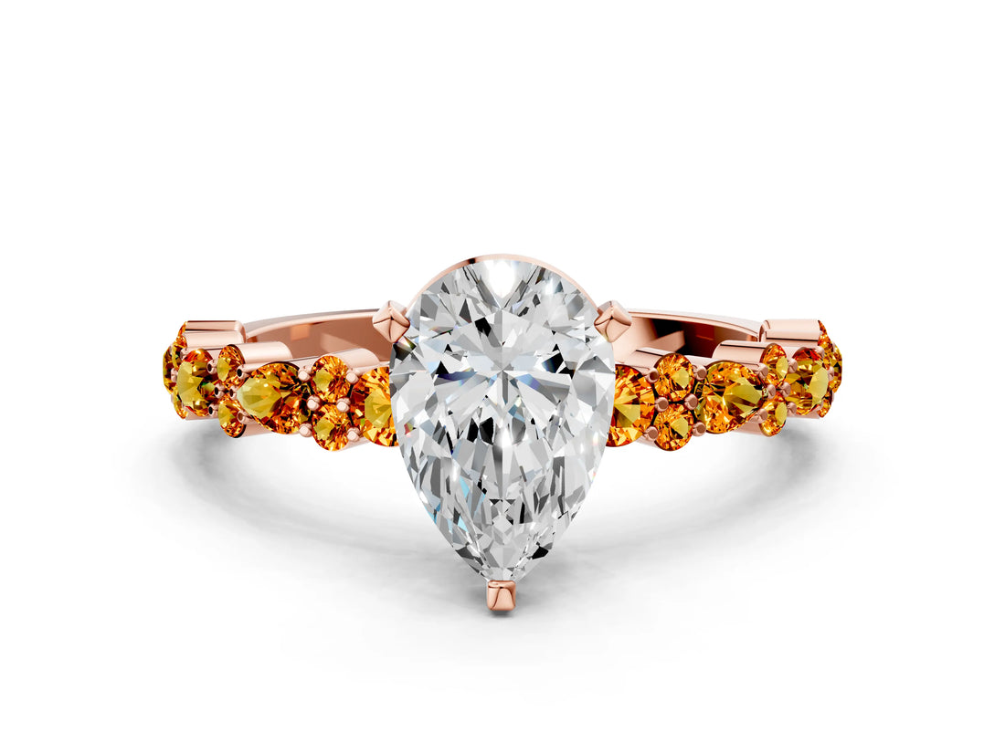 Rose gold Pear Cut Diamond Side Stone Solitaire Ring with Round with Citrine side stone and Four-Prong Setting