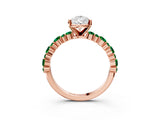 Rose gold Pear Cut Diamond Side Stone Solitaire Ring with Round with Emerald side stone and Four-Prong Setting_3