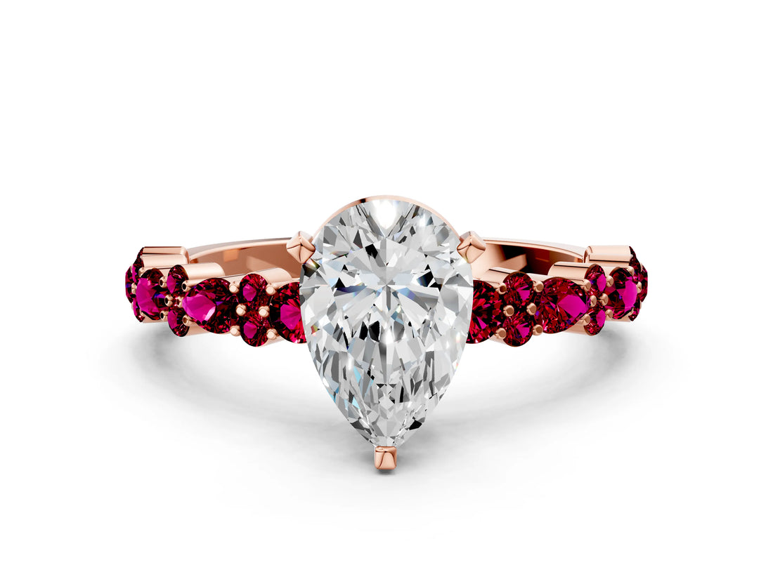 Rose gold Pear Cut Diamond Side Stone Solitaire Ring with Round with Garnet side stone and Four-Prong Setting