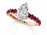Rose gold Pear Cut Diamond Side Stone Solitaire Ring with Round with Garnet side stone and Four-Prong Setting_1