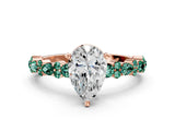 Rose gold Pear Cut Diamond Side Stone Solitaire Ring with Round with Green Sapphire side stone and Four-Prong Setting