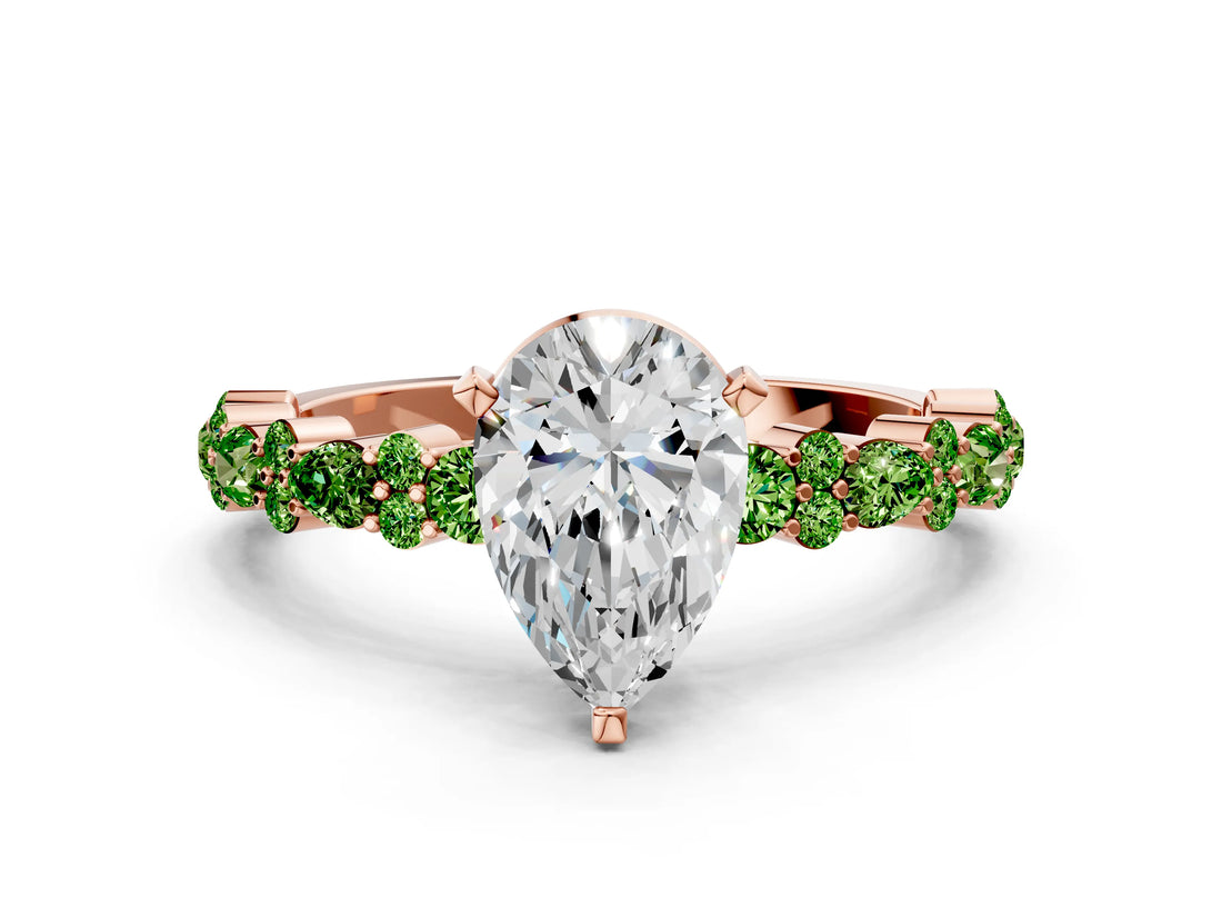 Rose gold Pear Cut Diamond Side Stone Solitaire Ring with Round with Peridot side stone and Four-Prong Setting