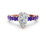 Rose gold Pear Cut Diamond Side Stone Solitaire Ring with Round with Tanzanite side stone and Four-Prong Setting