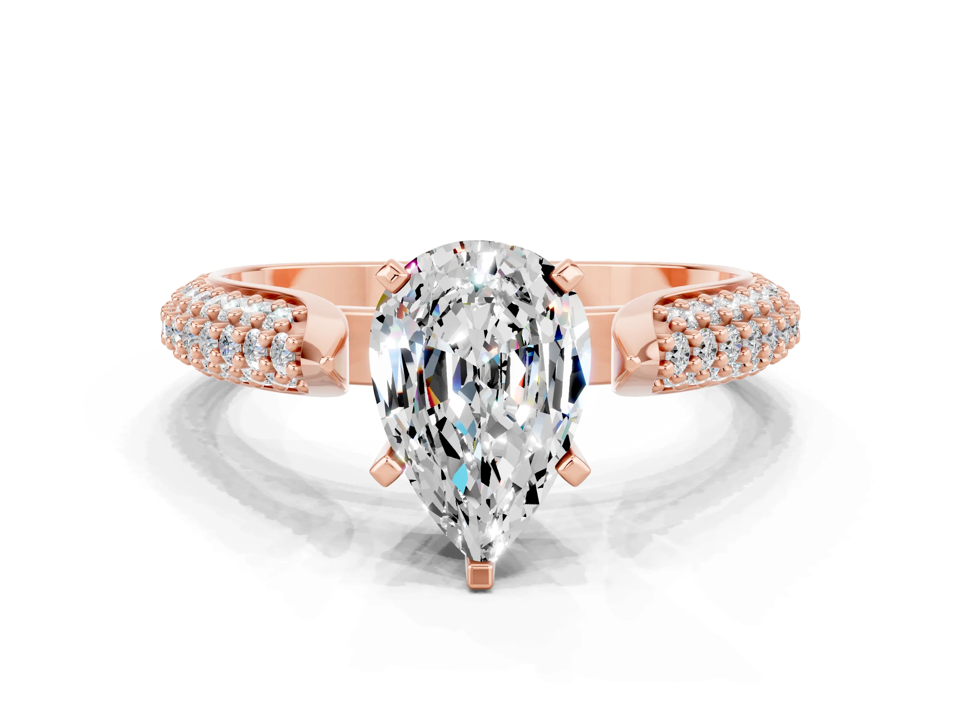 Rose gold Pear Cut Diamond Solitaire Engagement Ring with Pavé Band and Four-Prong Setting