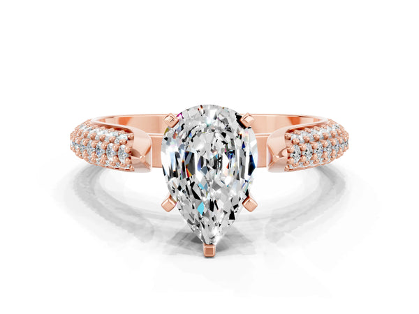 Rose gold Pear Cut Moissanite Solitaire Engagement Ring with Multi-Row Round Pavé Band and Prong Setting