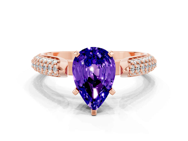 Rose gold Pear Cut Tanzanite Solitaire Engagement Ring with Multi-Row Round Pavé Band and Prong Setting