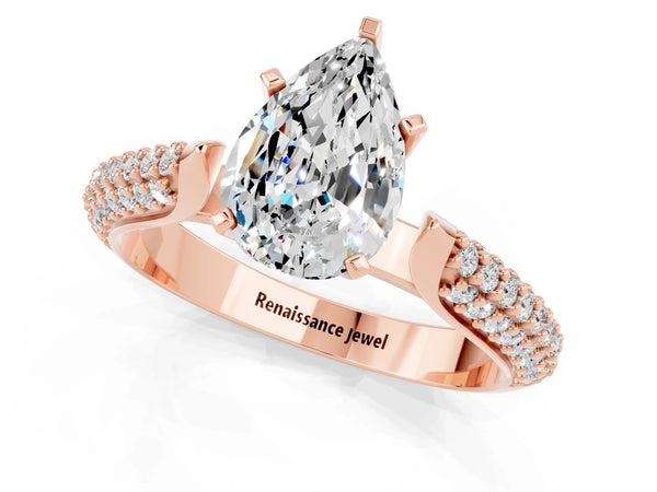 Rose gold Pear Cut Moissanite Solitaire Engagement Ring with Multi-Row Round Pavé Band and Prong Setting