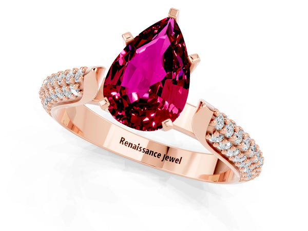 Rose gold Pear Cut Garnet Solitaire Engagement Ring with Multi-Row Round Pavé Band and Prong Setting
