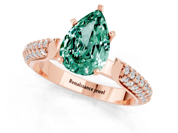 Rose gold Pear Cut Green Sapphire Solitaire Engagement Ring with Multi-Row Round Pavé Band and Prong Setting