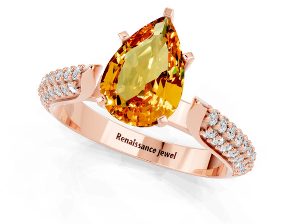 Rose gold Pear Cut Citrine Solitaire Engagement Ring with Multi-Row Round Pavé Band and Prong Setting