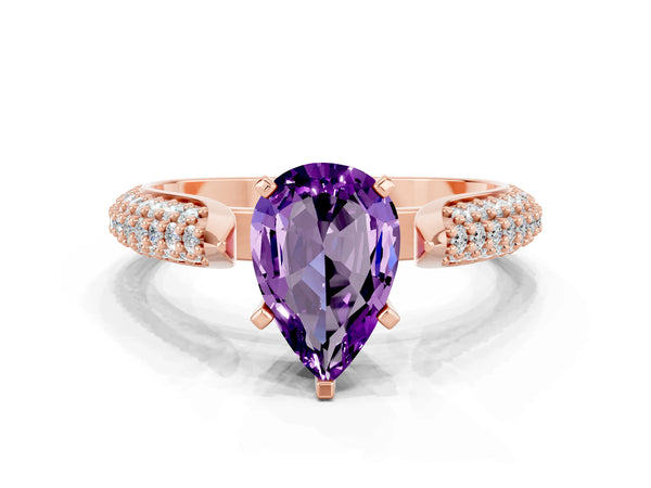 Rose gold Pear Cut Amethyst Solitaire Engagement Ring with Multi-Row Round Pavé Band and Prong Setting
