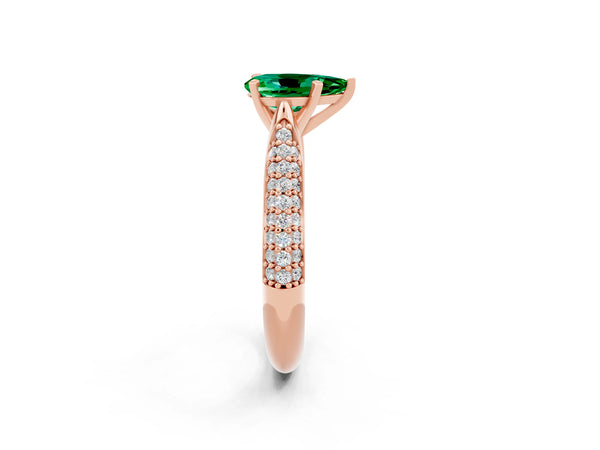 Rose gold Pear Cut Emerald Solitaire Engagement Ring with Multi-Row Round Pavé Band and Prong Setting